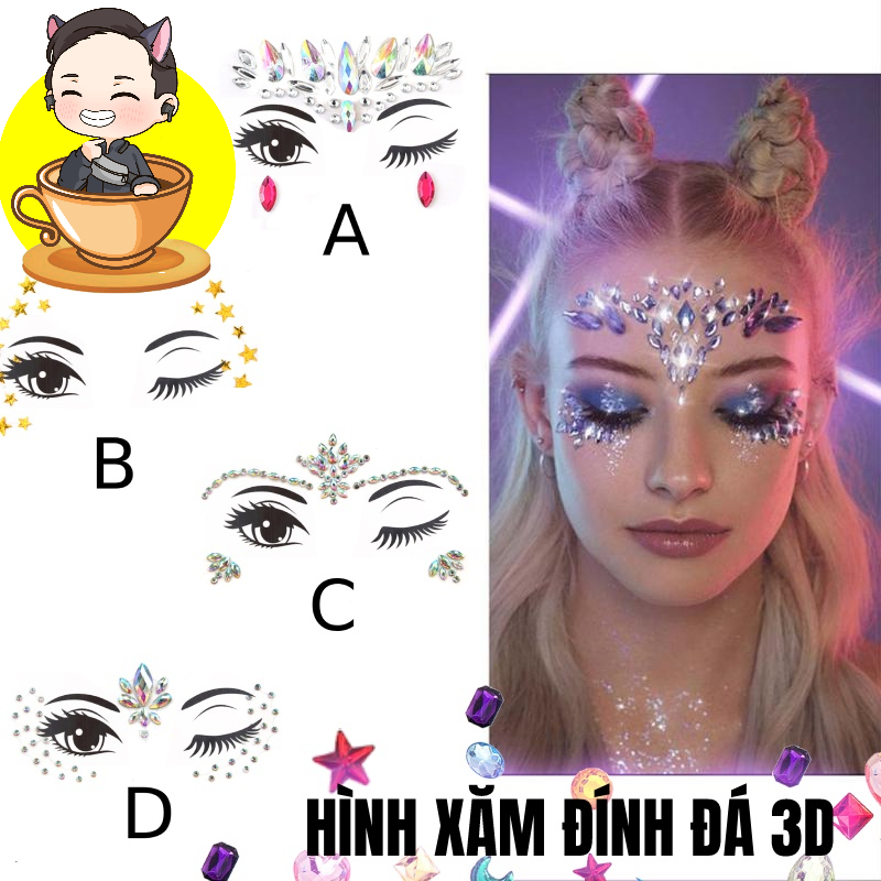 Hình xăm đính đá pha lê 3D, trang trí mặt, lấp lánh tham gia đi lễ hội, rave, music festival biển