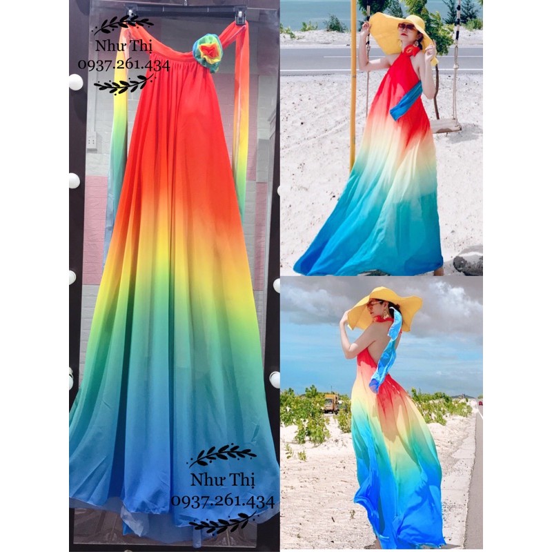 (miễn phí chỉnh váy) đầm maxi yếm màu loang ombre hở lưng đi biển du lịch chụp hình sống ảo đà lạt đồi cát sa mạc | BigBuy360 - bigbuy360.vn