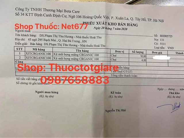Xịt mũi, họng Organic 100 - Giảm ngạt mũi,thông mũi