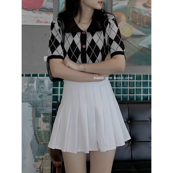 Áo len trám kẻ ô cổ bẻ