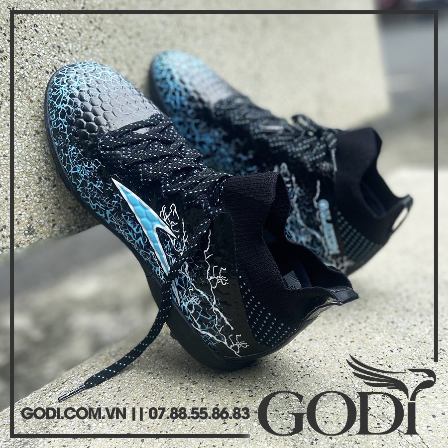 (size 40 - 44) Giày đá bóng cổ cao màu xanh đen - Giày bóng đá cổ thun đinh TF sân cỏ nhân tạo siêu bền Godi Sport