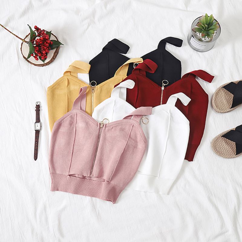 Áo Croptop Dệt Kim Không Tay Cổ Chữ V Màu Sắc Đơn Giản