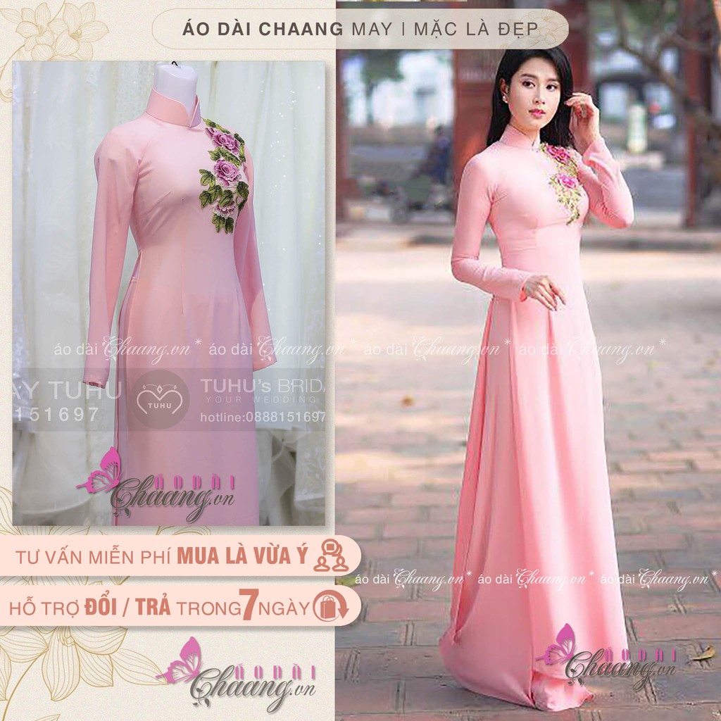 Áo dài hồng thêu hoa ⚡CHAANG⚡ dáng áo dài truyền thống chất lụa mềm