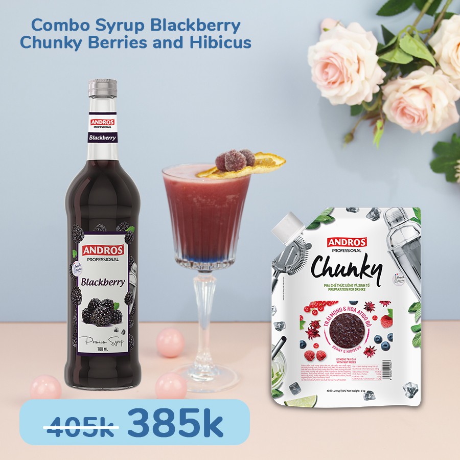 Combo ANDROS Syrup Mâm Xôi Đen (Blackberry) + Chunky Trái Mọng&Hoa Atiso Đỏ (Berry&Hibicus) - Nguyên liệu pha chế