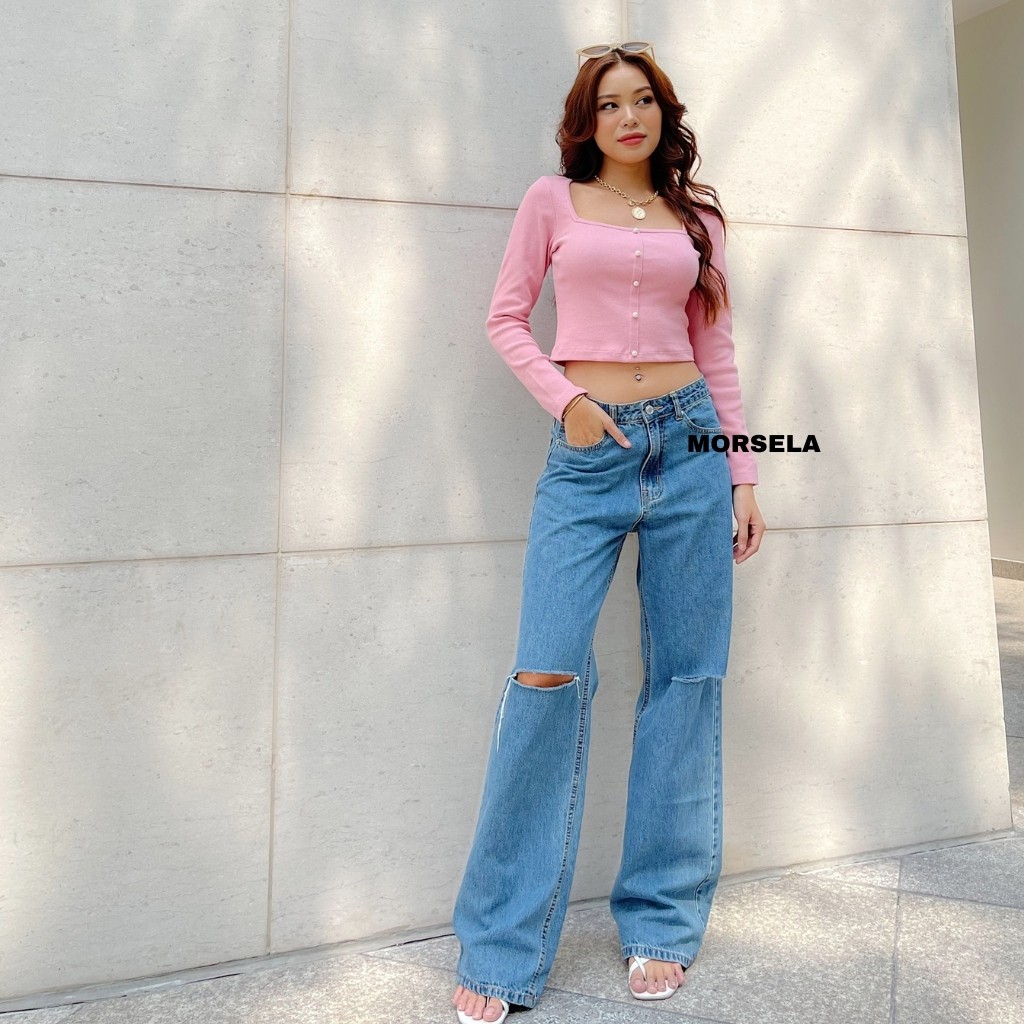 Áo croptop nữ tay dài phối nút siêu xinh - Áo crop top  kiểu - Morsela