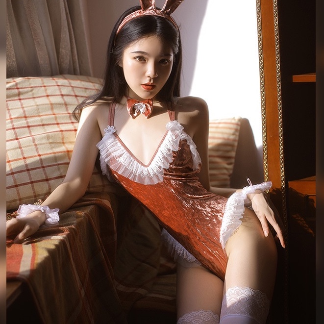 Cosplay thỏ nhung Giáng Sinh bunny sexy - váy ngủ 2 dây bodysuit hóa trang Halloween Noel X-Mas