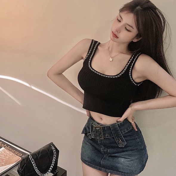 Áo dệt kim ZHELIHANGFEI sát nách hở eo phối dây xích cá tính