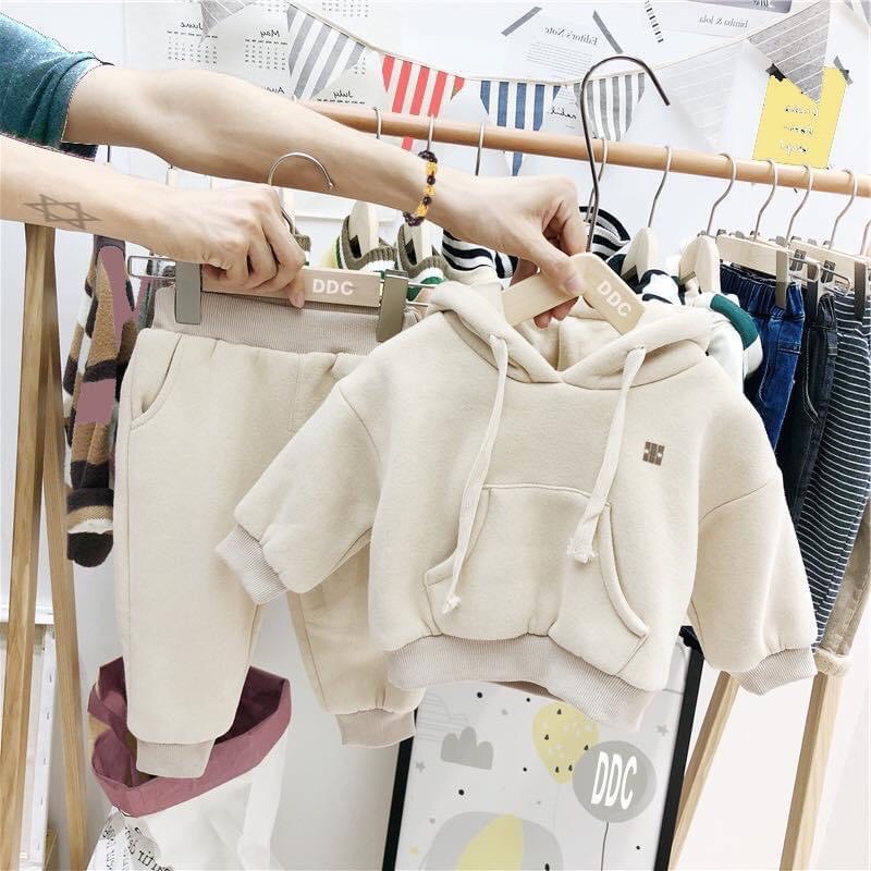 Sét Nỉ Bông Thu Đông Cho Bé, Phong Cách Hoodie, Màu[Nâu, Kem, Đen], Chất Nỉ Cao Cấp, Size Từ 8-25Kg