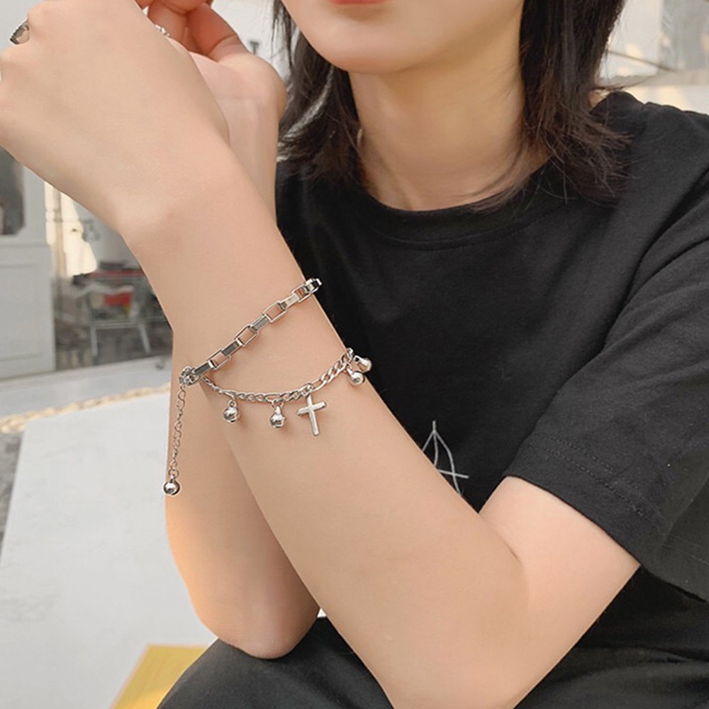 Lắc tay nữ inox 2 dây treo thánh giá phong cách hip hop | BigBuy360 - bigbuy360.vn
