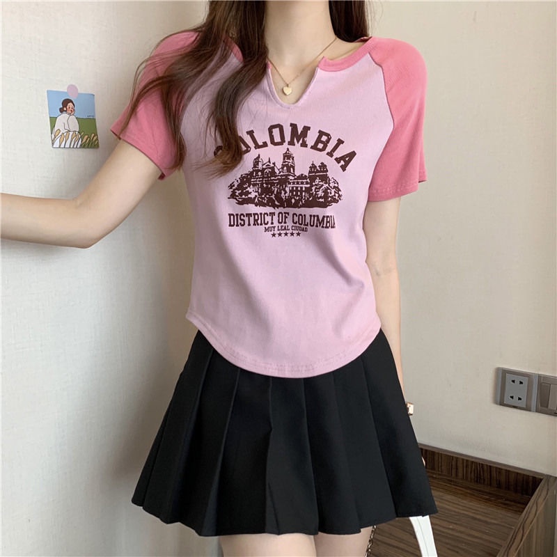 Áo Thun Ngắn Tay Cổ Chữ v Mỏng Và Ngắn Phong Cách retro Mỹ Cá Tính Dành Cho Nữ