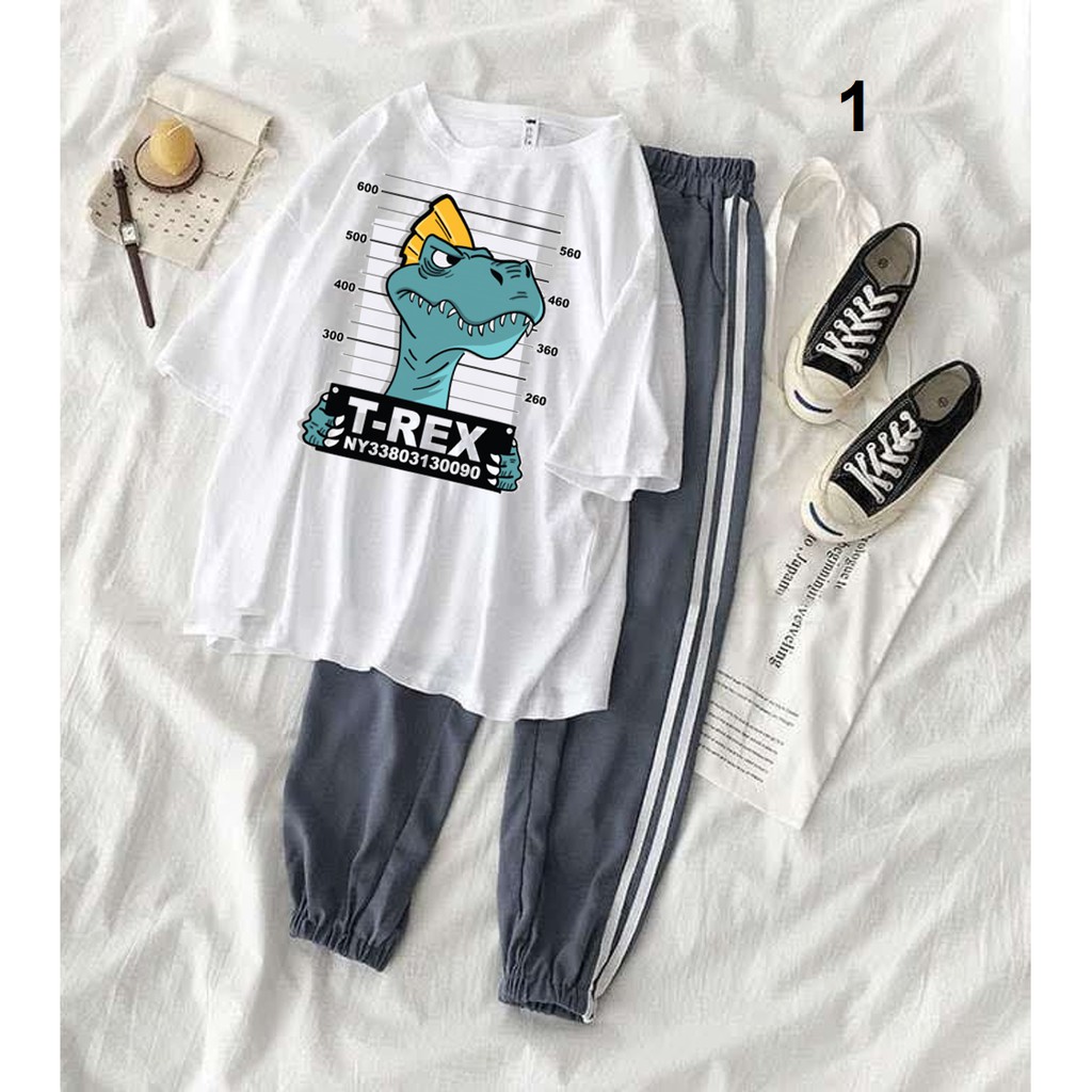 Set áo tay lửng khủng long Dino Dinosaur + quần thun 2 sọc unisex cryaotic10