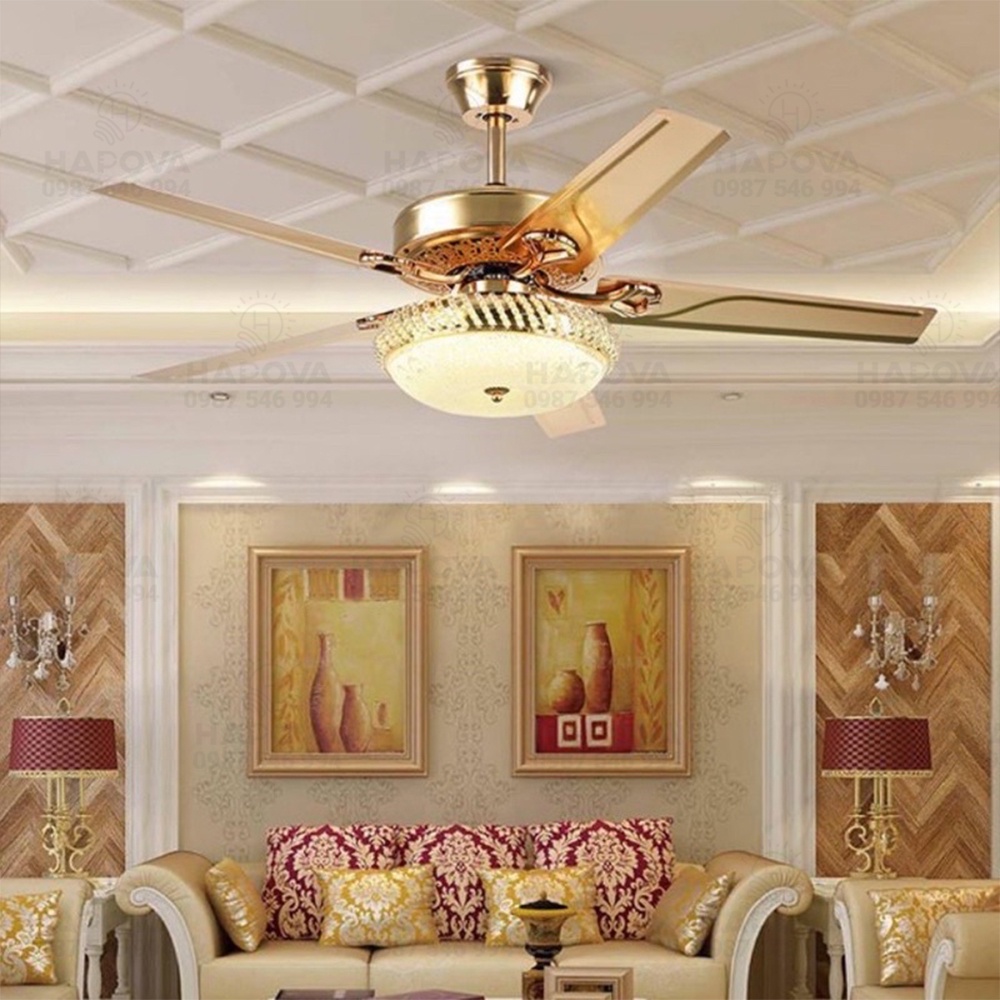 Quạt trần đèn, quạt có đèn trang trí phòng khách 5 cánh sắt HAPOVA MOGA 8070 + Tặng kèm khiển