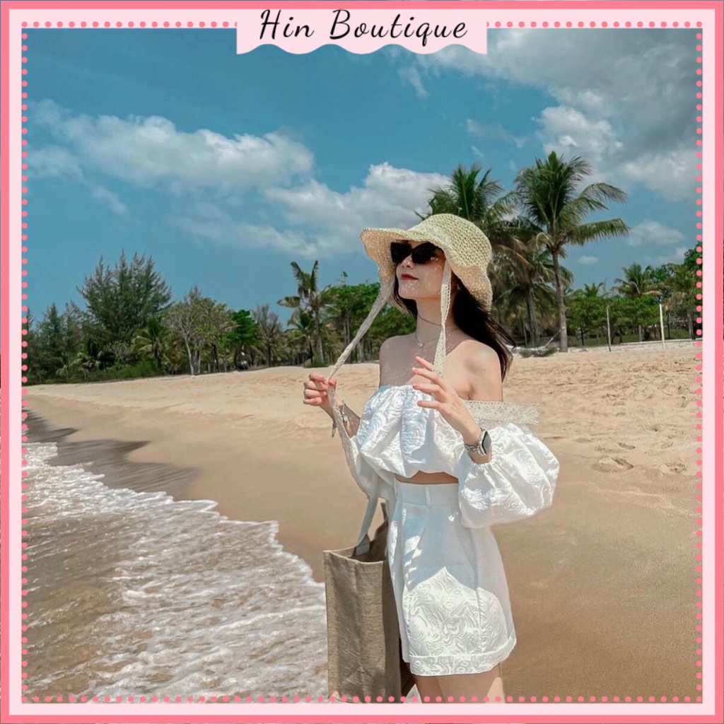 Set đồ nữ trễ vai kiểu bánh bèo đi chơi đi biển sang chảnh, áo trễ vai tay bồng croptop mix quần đùi cao cấp