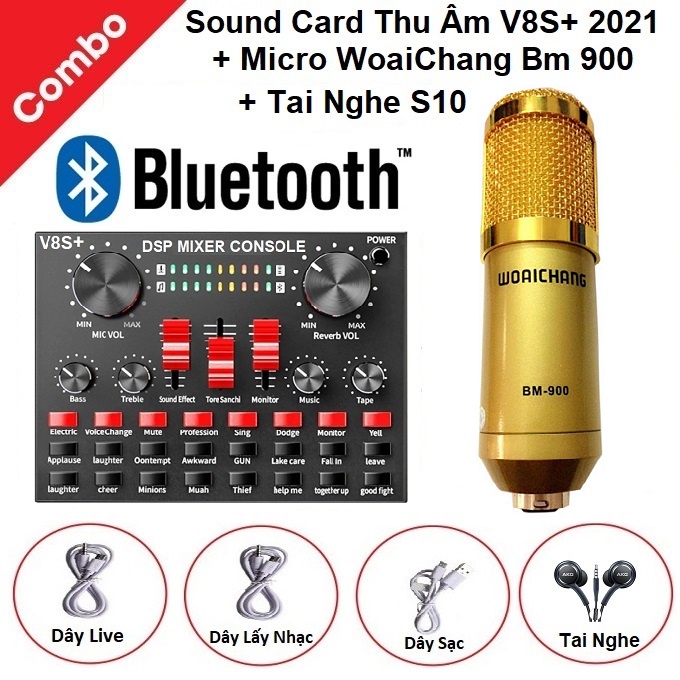 Bộ Sound Card V8S+ Và Micro Bm 900 Tặng Tai Nghe AKG-S10 Hát Livestream - Karaoke - Thu âm - Bán Hàng Online BH6T