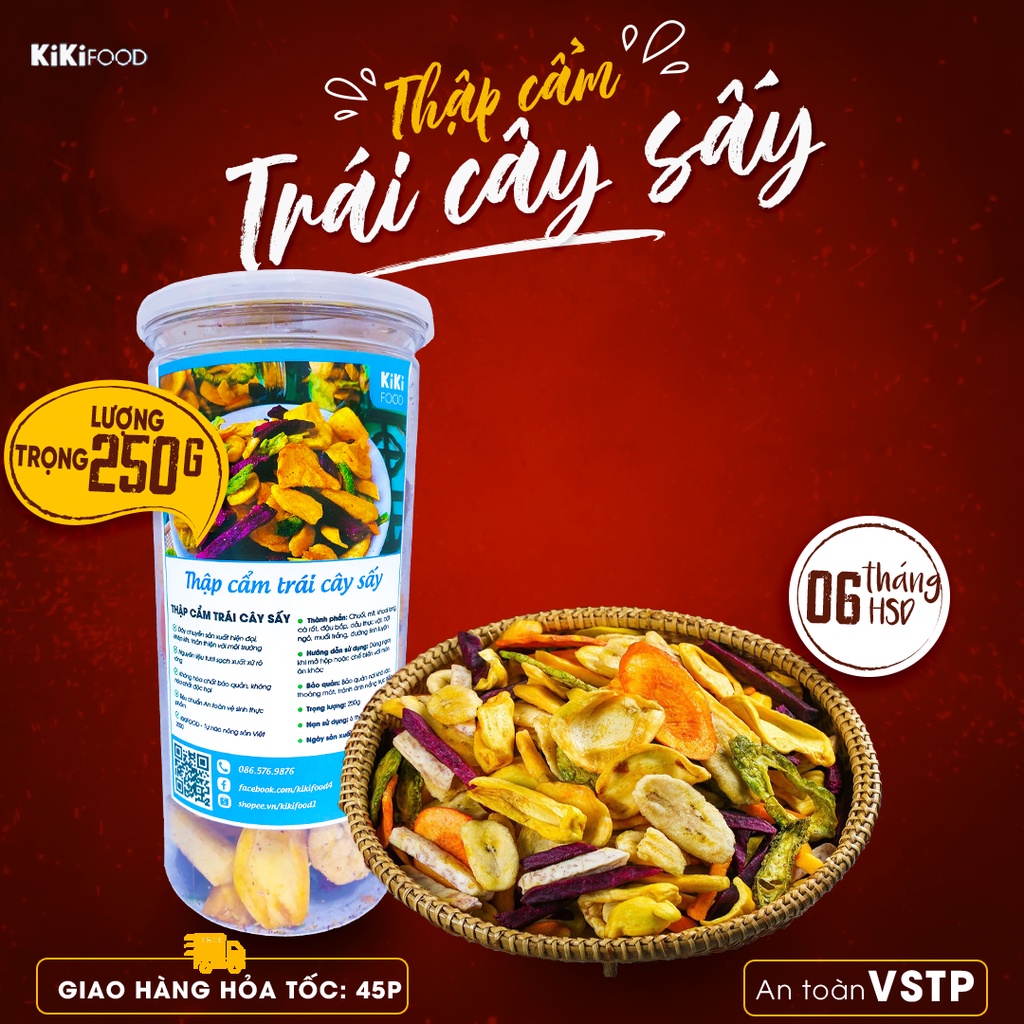 Trái cây sấy thập cẩm 250G KIKIFOOD khô giòn, đồ ăn vặt Việt Nam an toàn vệ sinh thực phẩm