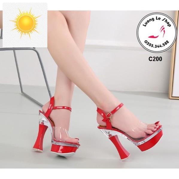 Giày cao gót 14cm gót to quai trong hở mũi 3 màu đen đỏ trắng ms C200