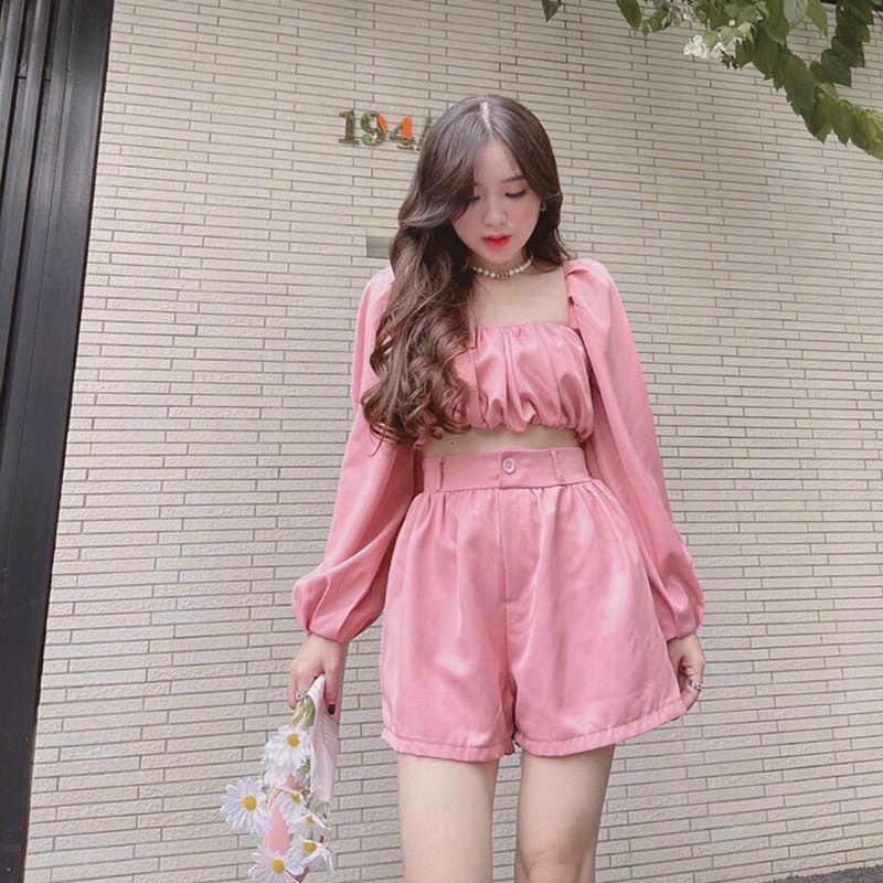 Set bộ vintage áo kiểu cổ vuông tay bồng quần ống rộng cạp cao