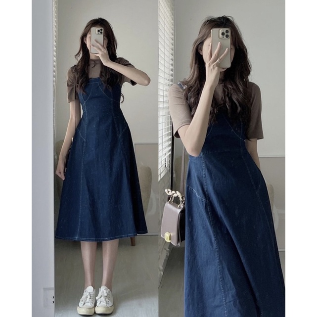 VÁY YẾM DENIM VIỀN CHỈ CHUN LƯNG STYLE ULZZANG 0403 | BigBuy360 - bigbuy360.vn