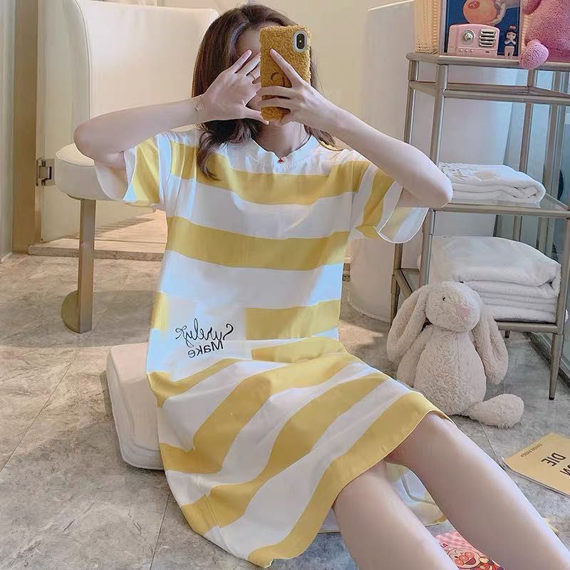 Đầm ngủ ngắn tay dáng rộng họa tiết kẻ sọc đơn giản xinh xắn cho nữ | BigBuy360 - bigbuy360.vn