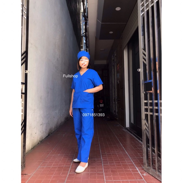 Bộ scrubs quần áo blouse cổ tim nam nữ màu xanh dương đậm - bộ đồng phục cổ tim bác sĩ, thẩm mỹ viện, spa