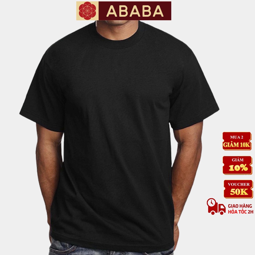 Áo thun cổ tròn đen ABABA, unisex, trơn chất liệu Cotton co dãn 4 chiều - ABA-THUNDEN