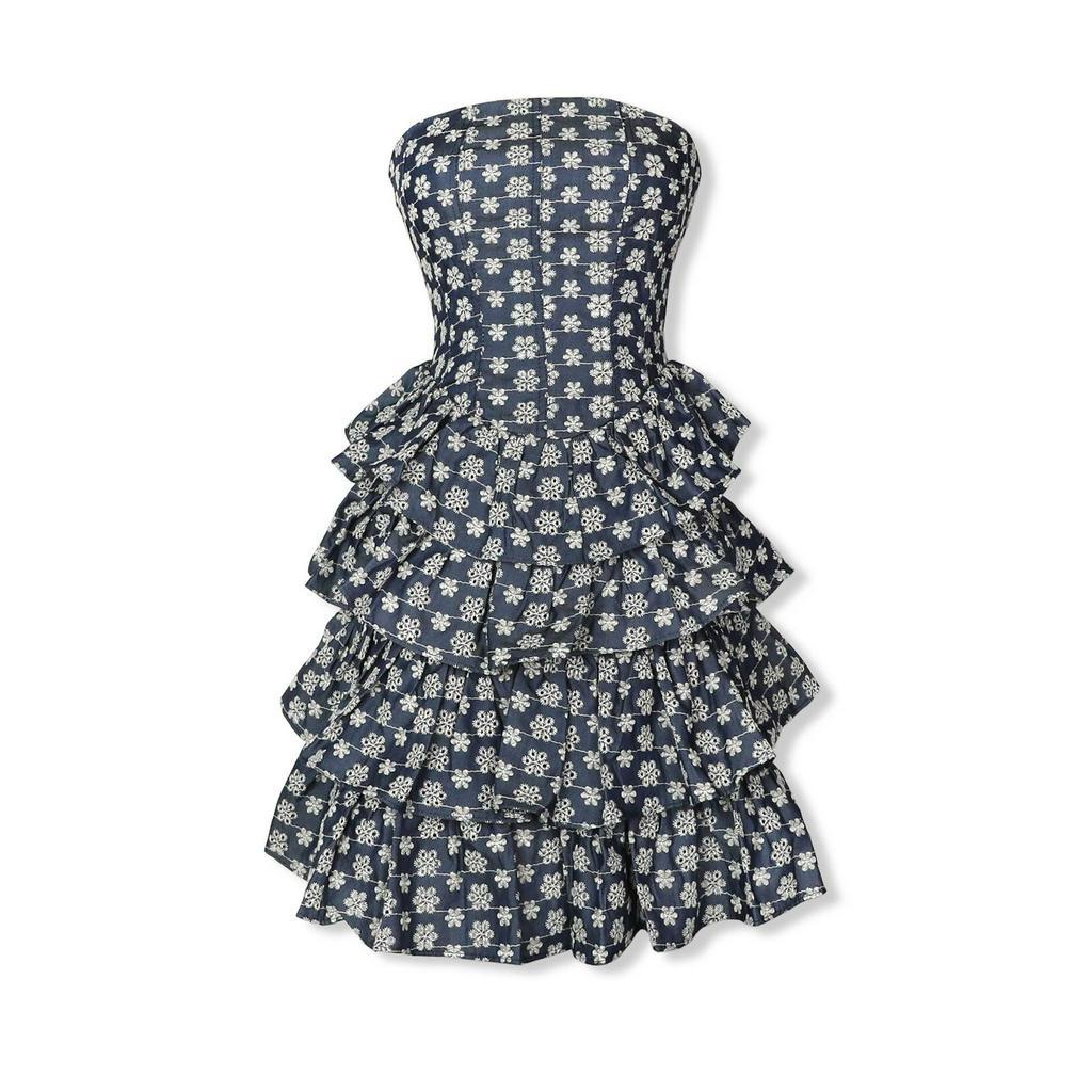 Đầm Nữ Ngắn Strapless Flower On Pattern, Chất Vải Denim Thêu Thoải Mái, WDN041-01,SOMEHOW