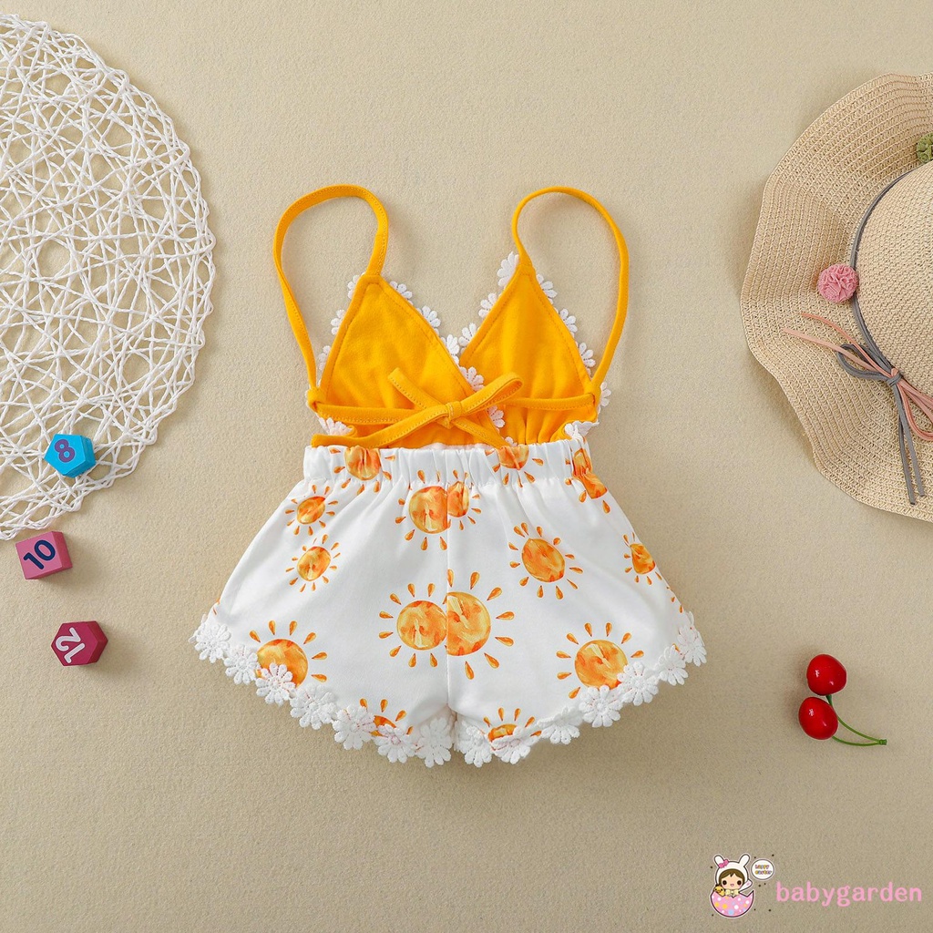 Áo liền quần không tay cổ chữ V in hình hoa hướng dương cho bé gái