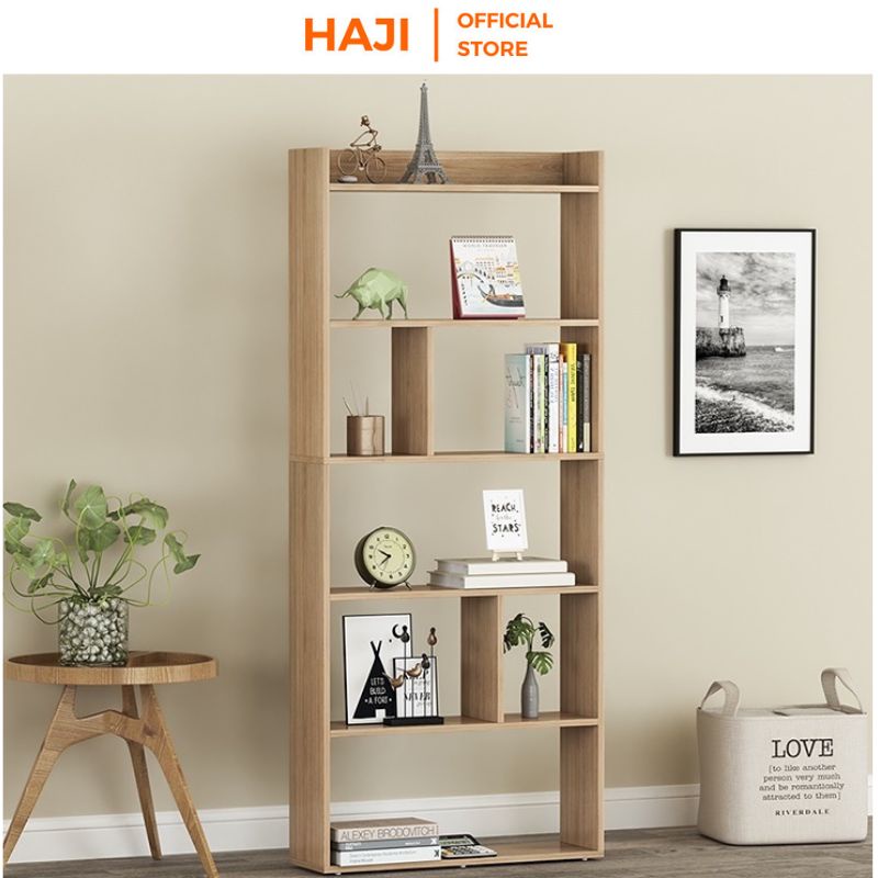Kệ sách gỗ HAJI để sàn chắc chắn chịu lực tốt, Kệ decor 6F tiện dụng đẹp mắt phù hợp với mọi không gian trong nhà A215
