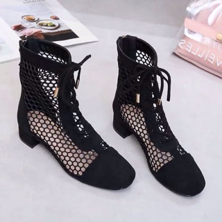 Boots lưới cổ thấp da lộn gót vuông 3cm