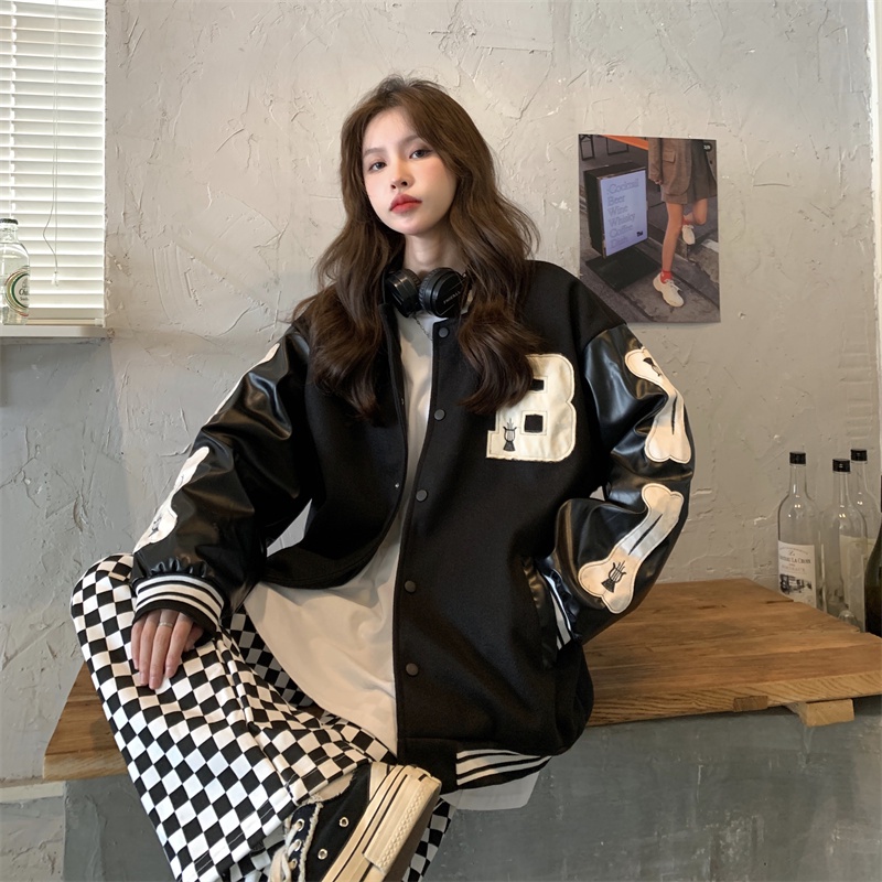 Áo varsity jacket tay da 2022, áo khoác bomber nữ màu đen đẹp thời trang unisex quảng châu ulzzang