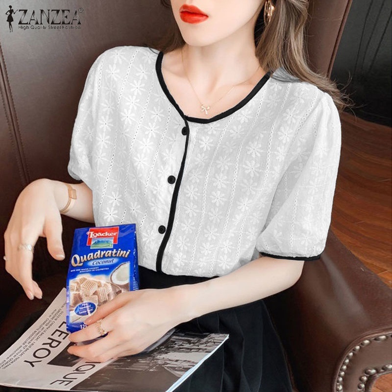 Zanzea Áo Kiểu Nữ Ngắn Tay Cổ Tròn Thêu Hoa Thời Trang
