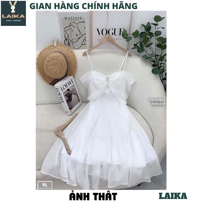 Váy nữ trễ vai hai dây thiết kế nơ ngực đính ngọc xoè sang chảnh, quý phái phù hợp dạo phố đi tiệc - LAIKA