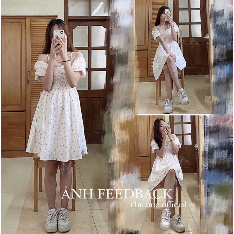 Váy babydoll hoa nhí tulip CHUN NGỰC cộc tay mặc 2 kiểu phong cách ulzzang