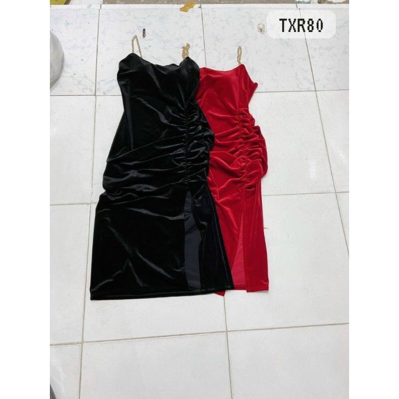 Váy nhung xích xẻ tà nhún ôm body, đầm 2 dây nhung xích D217