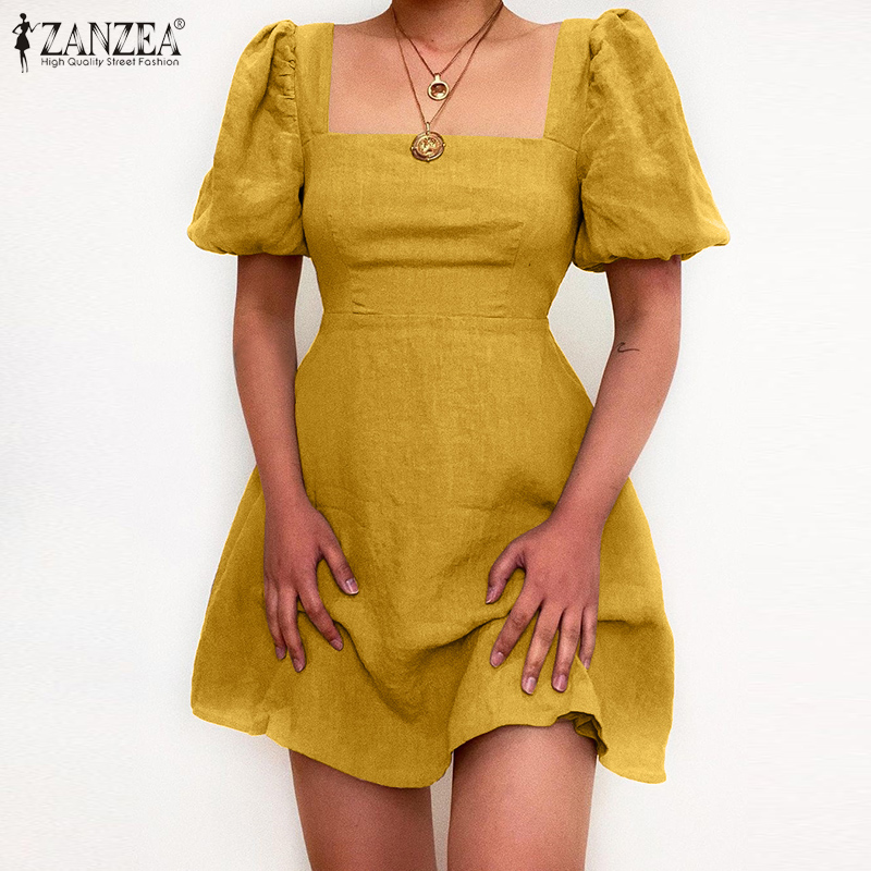 ZANZEA Women Short Puff Sleeve Square Neck Zipper Slim Fit Short Dress