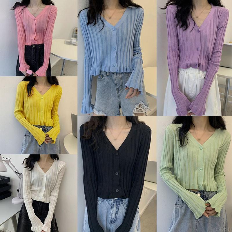 Áo cardigan dệt kim dài tay cổ chữ V thanh lịch