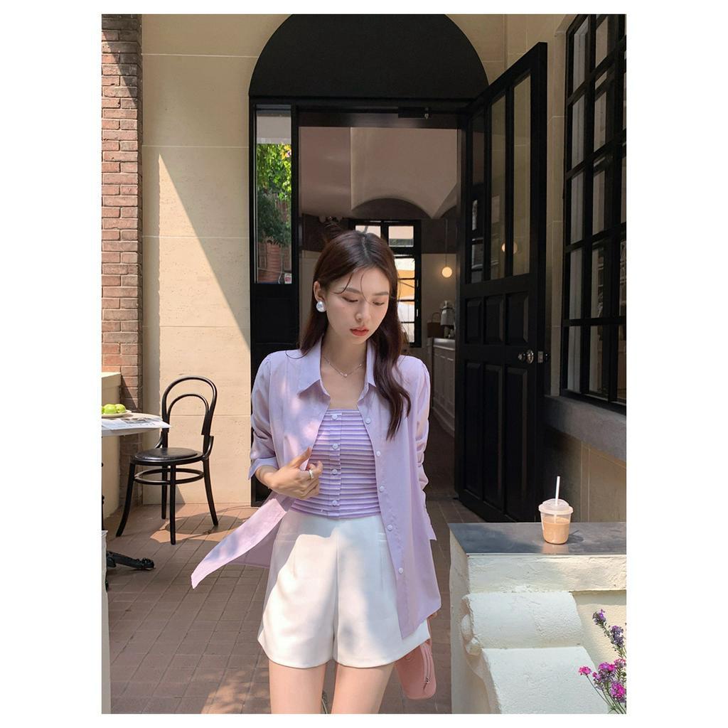 Set Áo Hai Dây Họa Tiết Kẻ Sọc + Áo Sơ Mi Màu Trơn Chống Nắng Thời Trang Xuân Hè Hàng Mới 64058