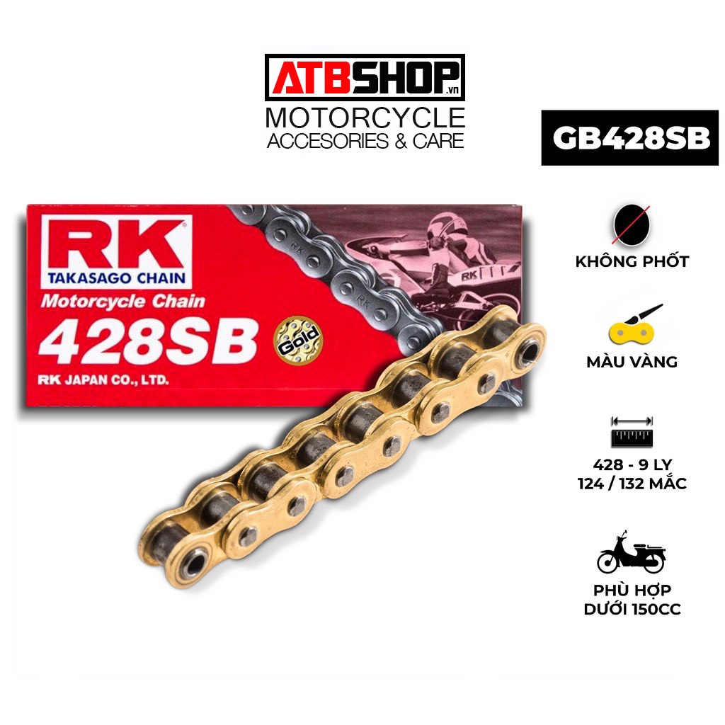 Sên xe máy RK Takasago Chain mã GB-428-SB, màu vàng, không phốt cao su, kích thước 9 ly - 428, 124 / 132 mắc sên