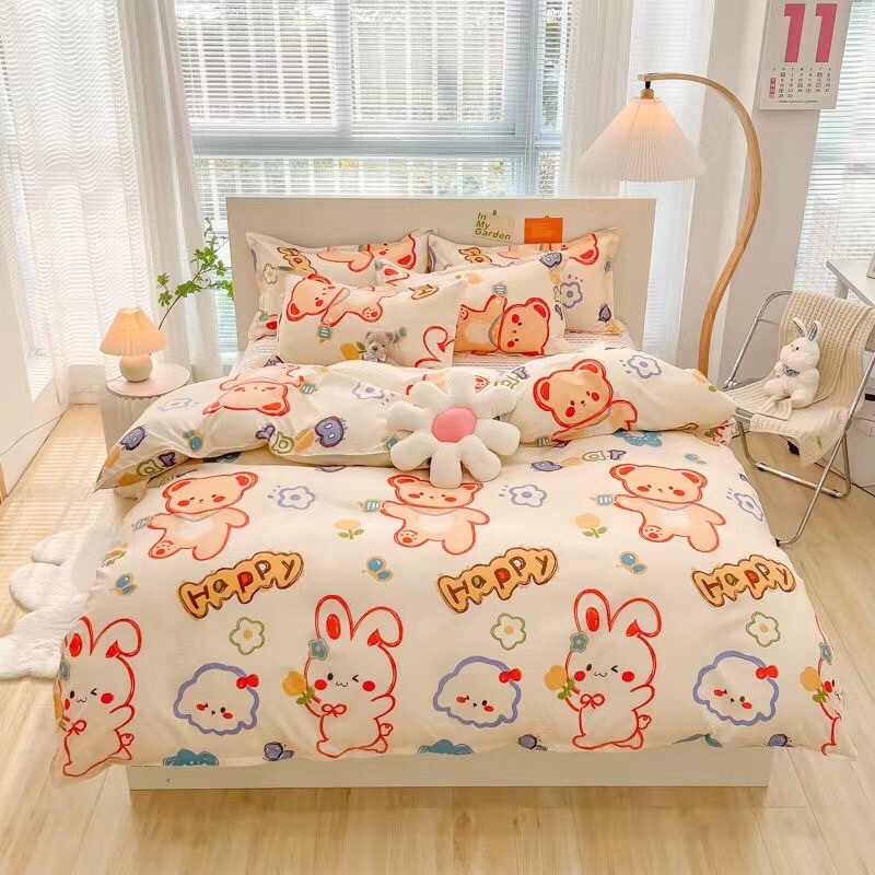 Bộ chăn ga gối cotton poly Hàn Quốc, bộ ga gối cotton 4 món vỏ chăn, ga, vỏ gối mềm mịn