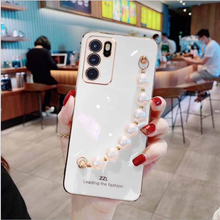 Ốp điện thoại mềm mạ viền vuông có dây đeo xỏ ngọc trai giả cho Samsung A52s A72 A32 A52 A22 A30 A20 M32 6D