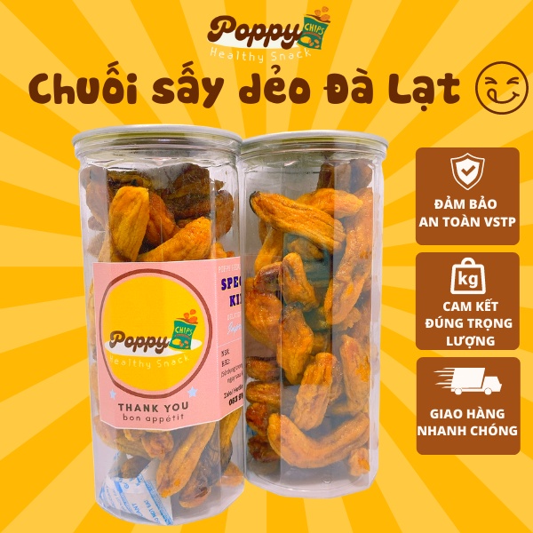 Chuối sấy dẻo Đà Lạt loại cao cấp hũ 500g, đồ ăn vặt POPPY ngon, đồ ăn vặt sạch.