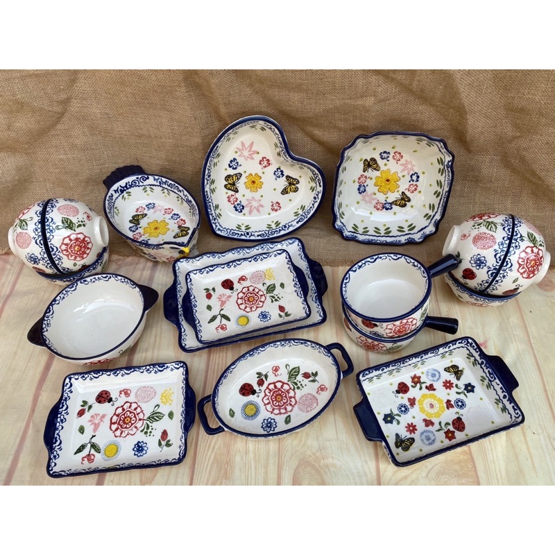 Bộ bát đĩa sứ hình hoa thổ cẩm siêu đẹp- Decor bếp