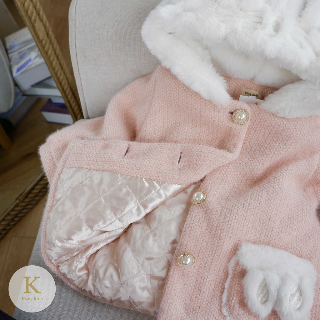Áo khoác bé gái Kiwy Kids chất liệu len lông mềm mại có mũ tai thỏ đáng yêu Kids58-2137 cho bé từ 1 đến 11 tuổi