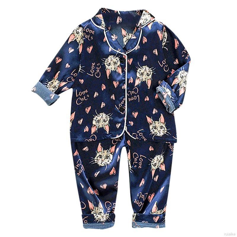 Bộ Đồ Ngủ Pijama Dài Tay In Hình Mèo Hoạt Hình Cho Bé