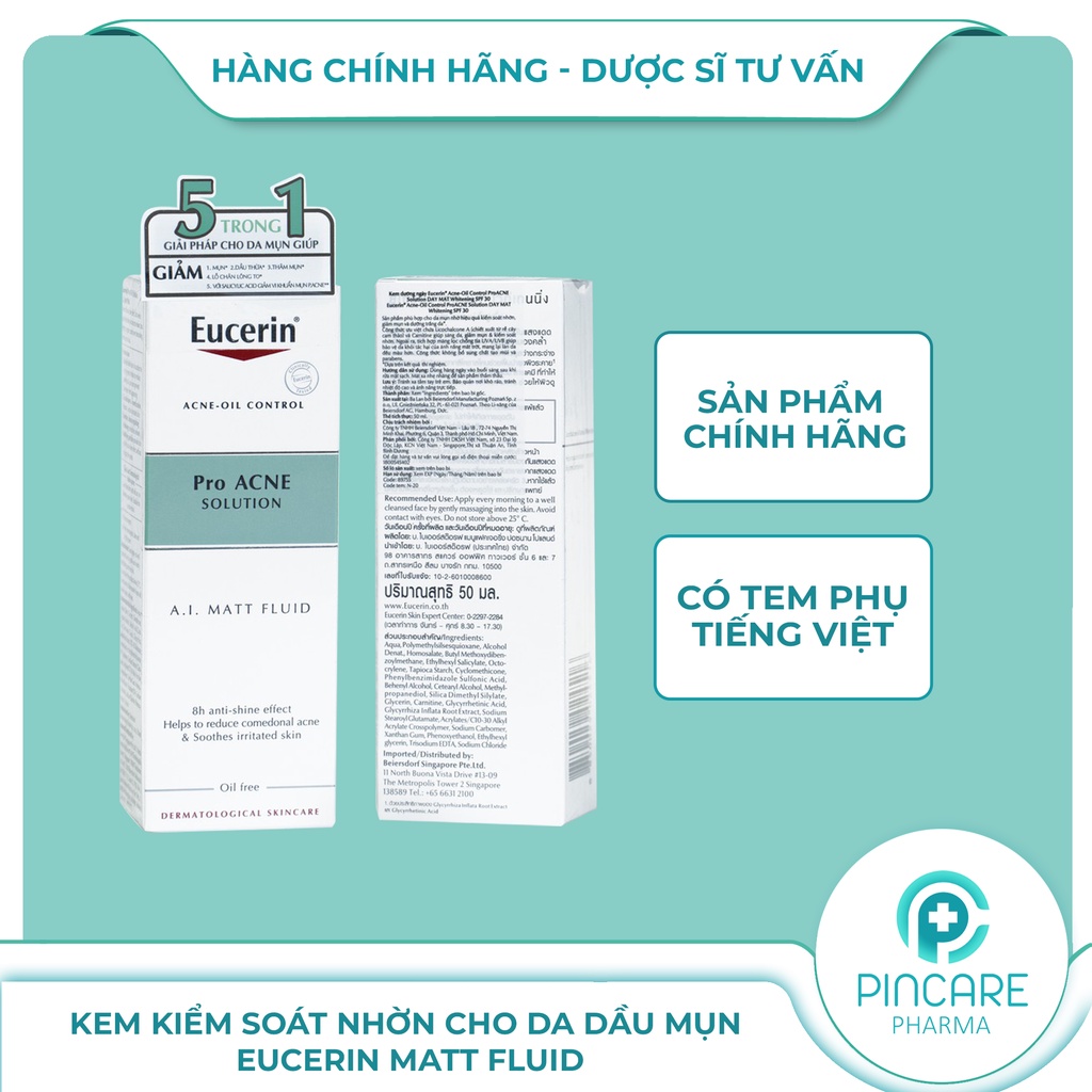 Kem dưỡng giảm mụn Eucerin ProAcne Solution A.I Matt Fluid 50ml cho da dầu mụn - Hàng chính hãng - Nhà thuốc PinCare