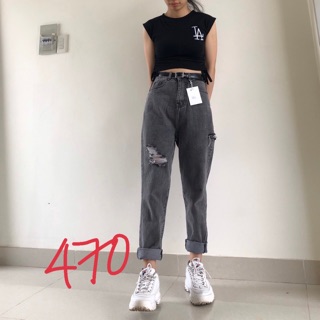 Quần Baggy JEANS rách gối lưng cao