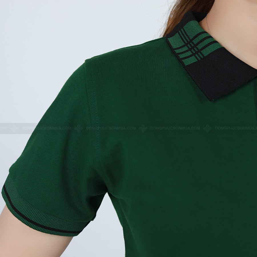 Áo Thun PoLo Đồng Phục Xanh Lá Phối Cổ Caro Thời Trang Bao Đẹp MIỄN PHÍ IN LOGO- Đồng Phục Bốn Mùa