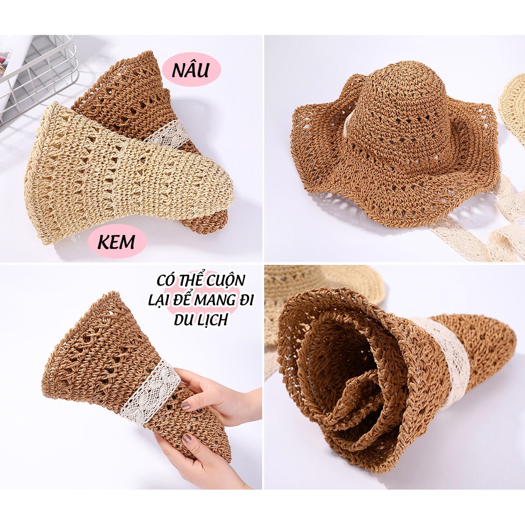 Nón Cói Du Lịch Đan Hoa Văn Quai Ren Nữ Tính P1301