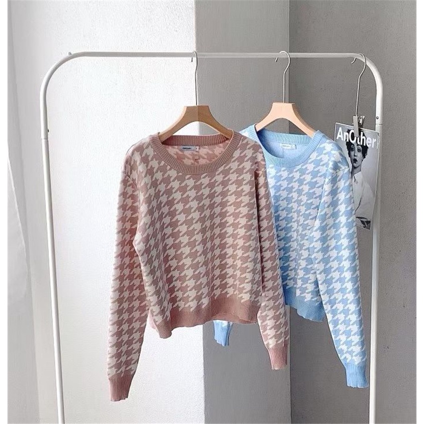 Áo len tay dài cổ tròn họa tiết Houndstooth phong cách Hàn Quốc