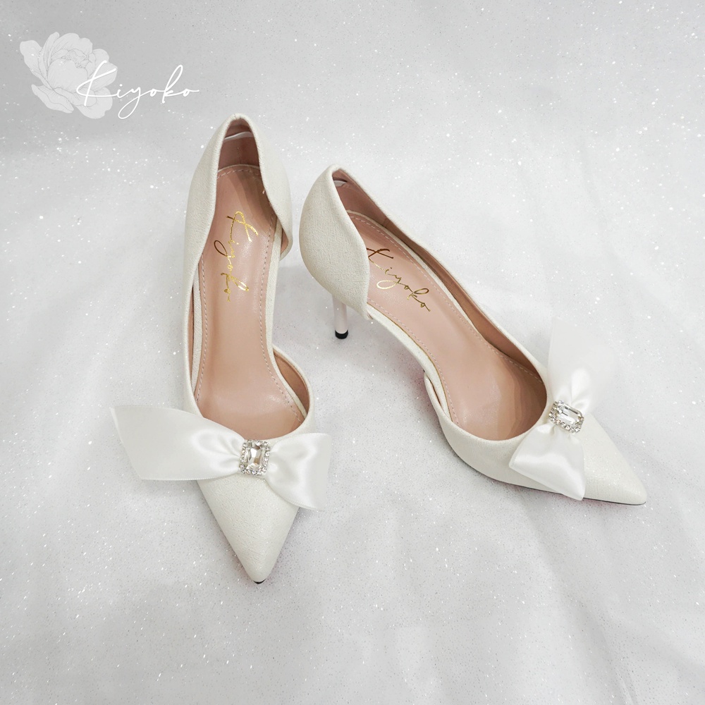 Giày cưới Kiyoko cao gót hở eo đính nơ satin thanh lịch
